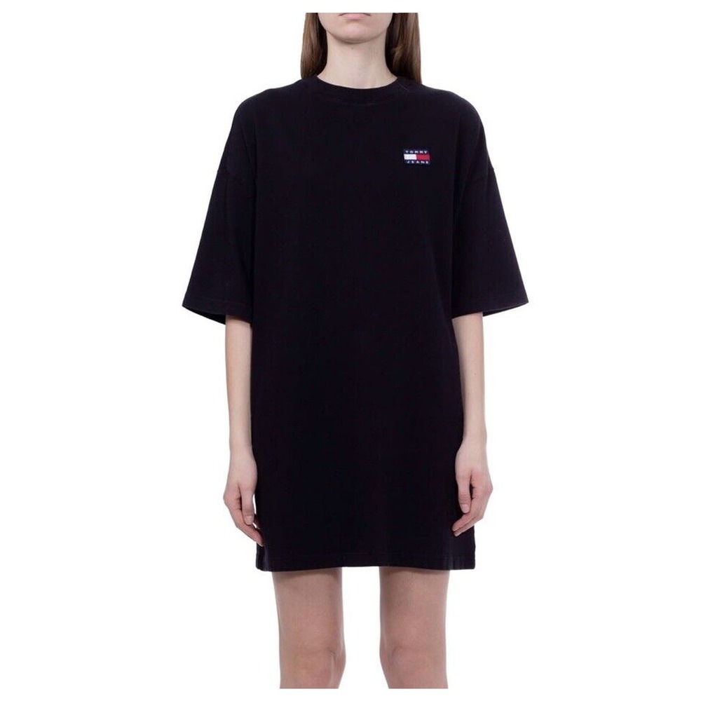 Tommy Jeans Oversized Short Sleeve Tee Shirt Dress Women Size Large Black Badge‎